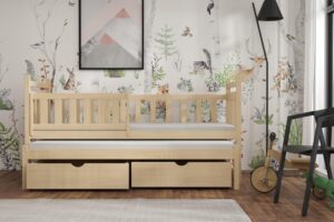 Łóżko drewniane podwójne z wysuwanym łóżkiem Puchatek