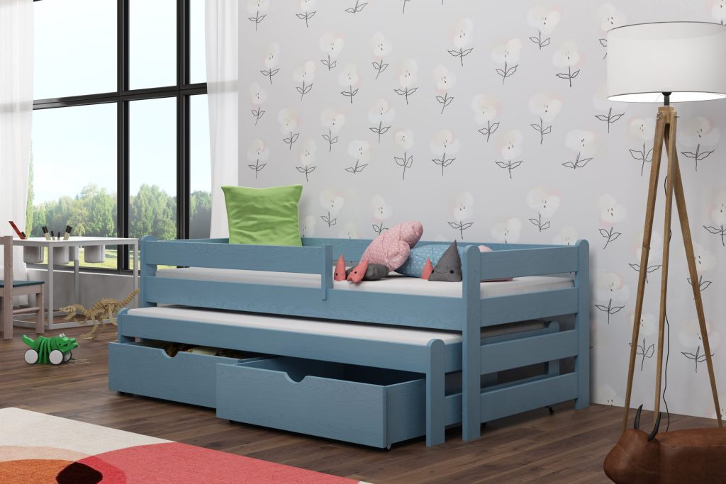podwójne łóżko dla dzieci w niebieskim kolorze