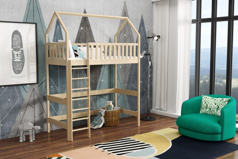 piętrowe łóżko domek dla dzieci stojące w uroczym pokoju